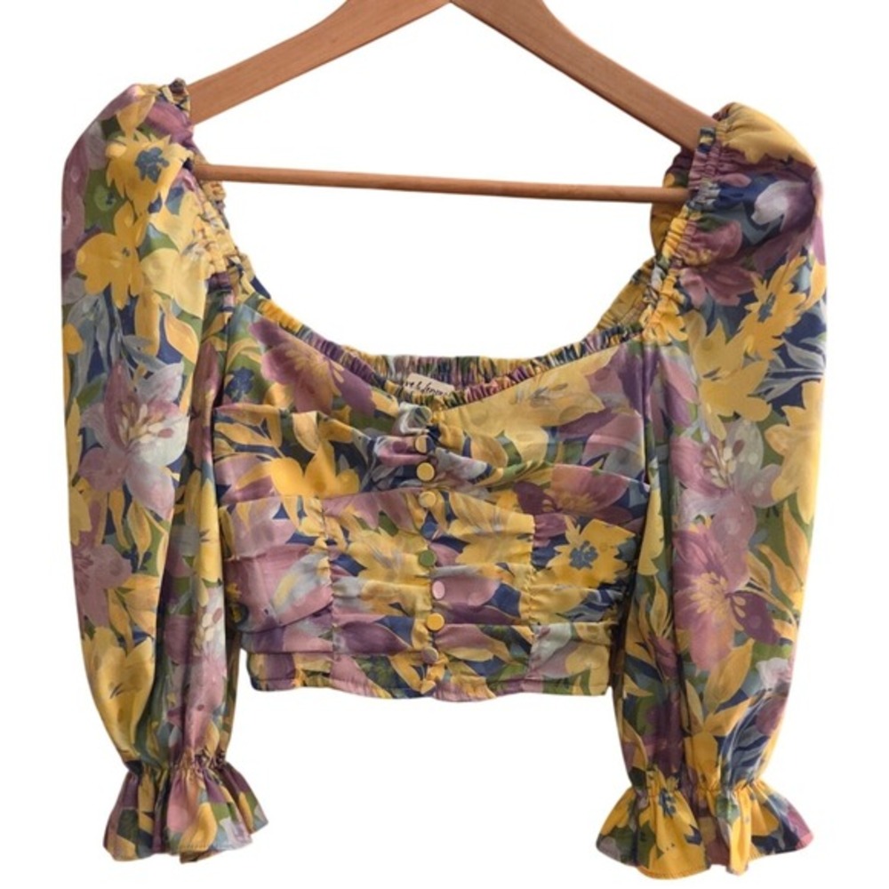 For Love & Lemons Cassia Blue Yellow Purple‎ Floral Print Cropped Top, Sz XS - Picture 4 of 12